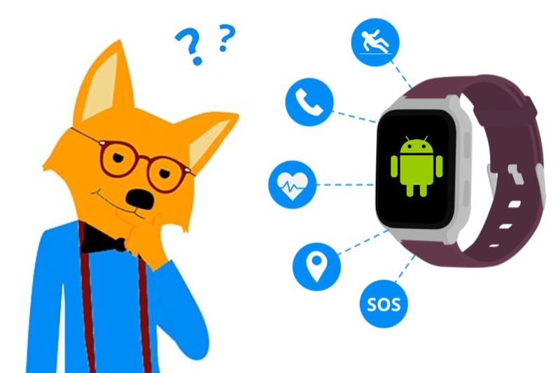 Man sieht den Smarthome-Fuchs, wie er über die verschiedenen Funktionen einer Android-Smartwatch nachdenkt.